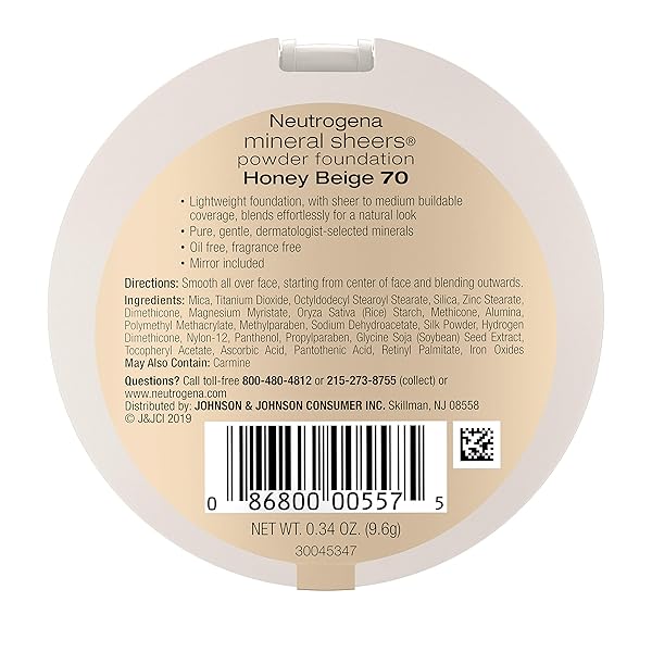 NEUTROGENA MINERAL SHEERS COMPACT POWDER FOUNDATION, LIGHTWEIGHT & OIL-FREE MINERAL FOUNDATION, FRAGRANCE-FREE, HONEY BEIGE 70, .34 OZ