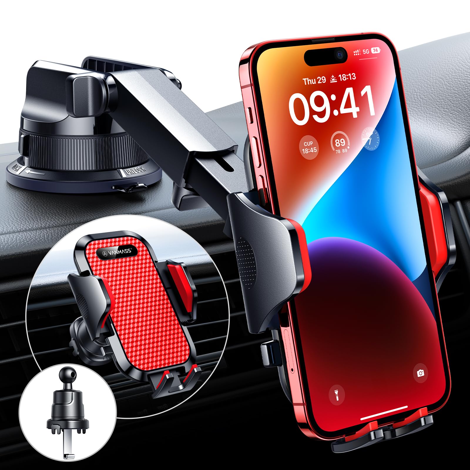 Photo 1 of VANMASS [True Military-Grade] Car Phone Holder [Best Suction & Clip] Cell Phone Mount for Dashboard Windshield Vent Truck Cradle Dash Stand for iPhone 15 Pro Max 14 13 12 Android, Red