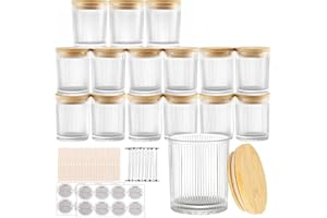 CONNOO 16pcs Ribbed Candle Glass Jars with Natural Bamboo Lids, 7oz Thick Containers for Candle Making with Wicks & Stickers, Ribbed Clear Jars for DIY Projects, Bulk Orders, Gifts & Home Décor
