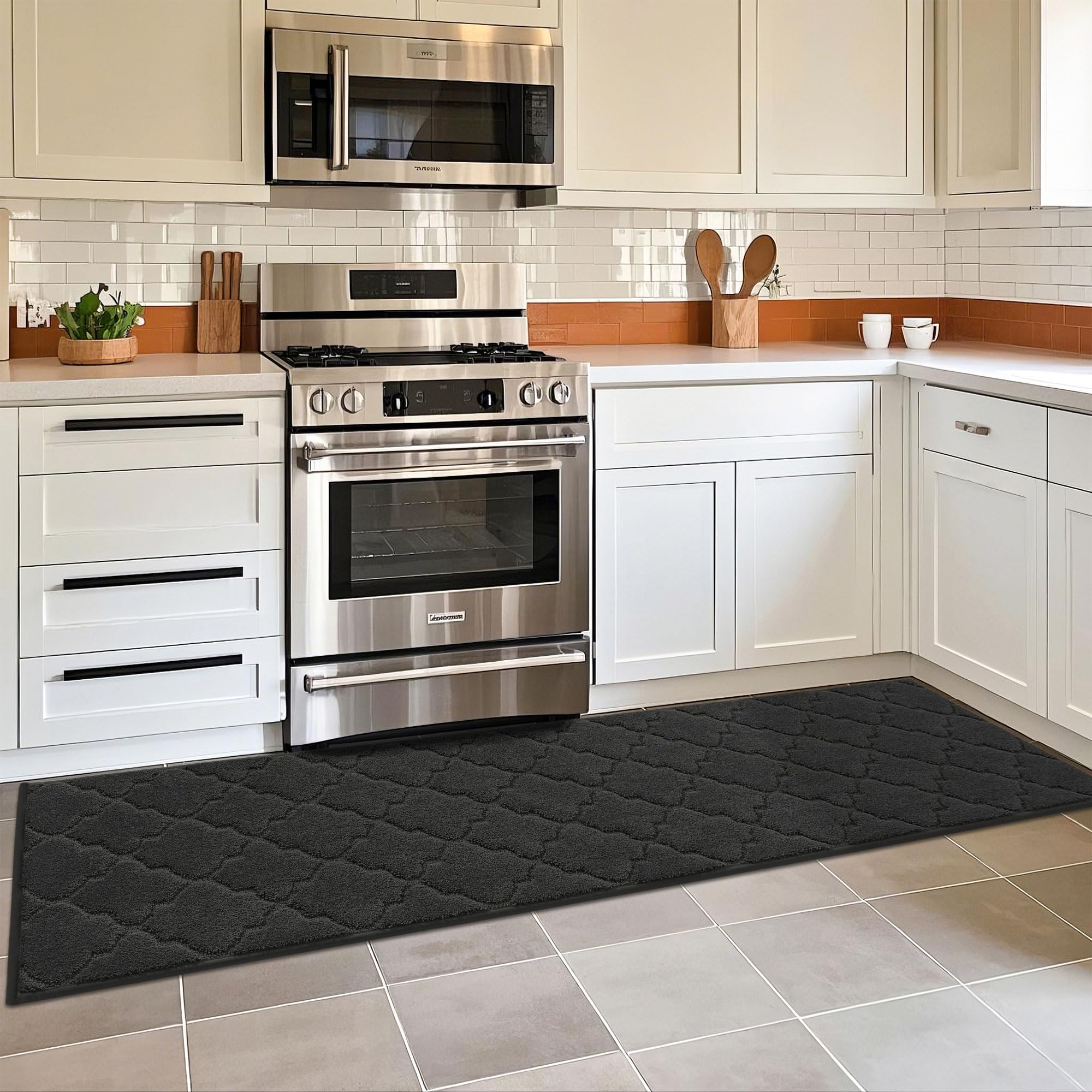 Photo 1 of COSY HOMEER Soft Kitchen Floor Mats for in Front of Sink Super Absorbent Kitchen Rugs and Mats 20"x79" Non-Skid Kitchen Mat Standing Mat Washable,Polyester,Black