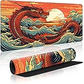 Wave Sea Dragon Gaming Mouse Pad,Anime Mouse Pad Gaming 31.5 x 15.7 in Mouse Mat Desk Pad,Extended Keyboard Pad Large Desk Mat Mousepad with Non-Slip Base and Stitched Edge for Office Home