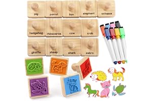 Coogam Wooden Stamps Printing Toy Set, 20pcs Animal Color Shape Stamping with Markers, DIY Dog/Cat/Zebra/Elephant Scrapbook A