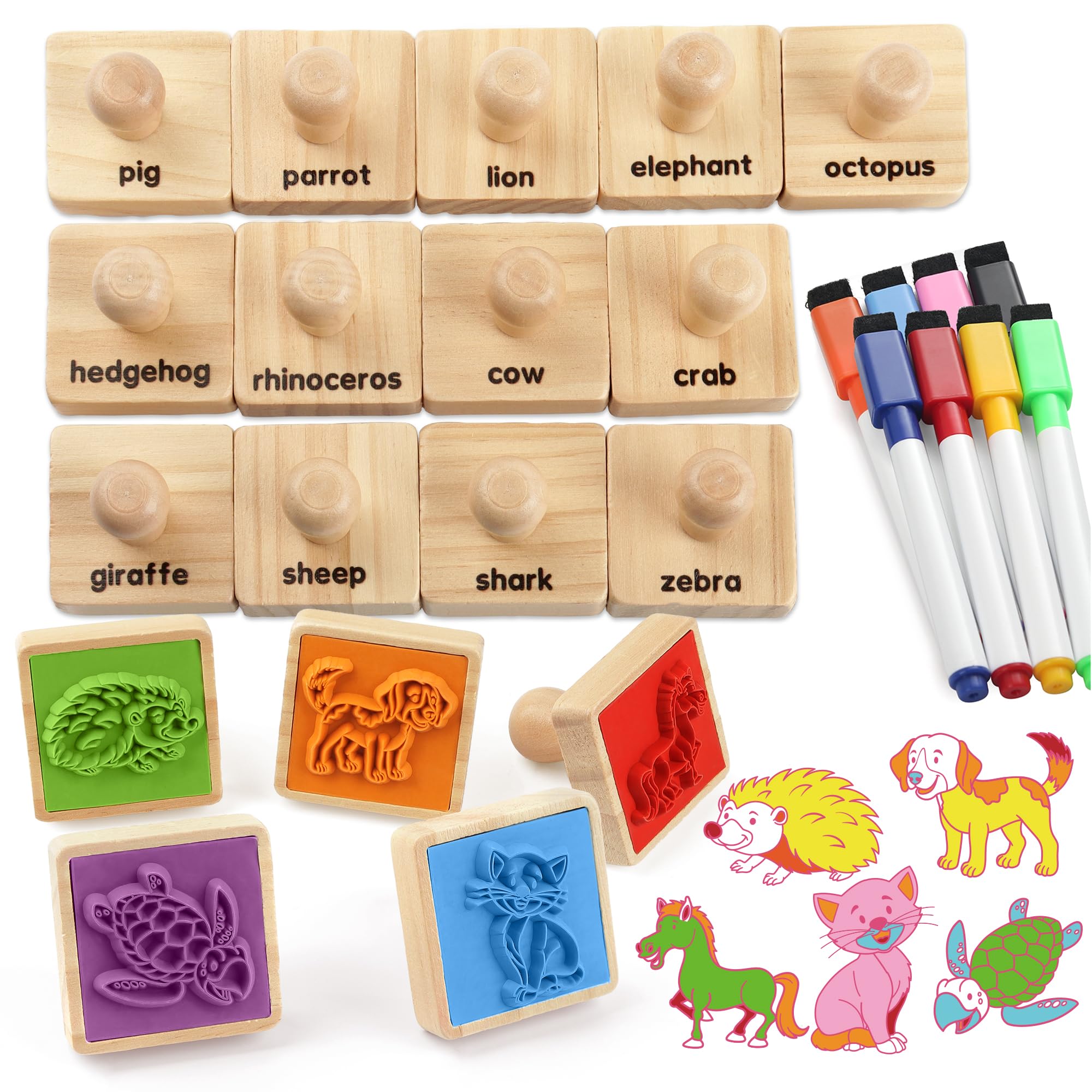 Coogam Wooden Animal Stamps for DIY Scrapbook & Crafts, 20pcs Color Shape Stamping Set with Markers, Suitable for 3-5 Year Old Kids