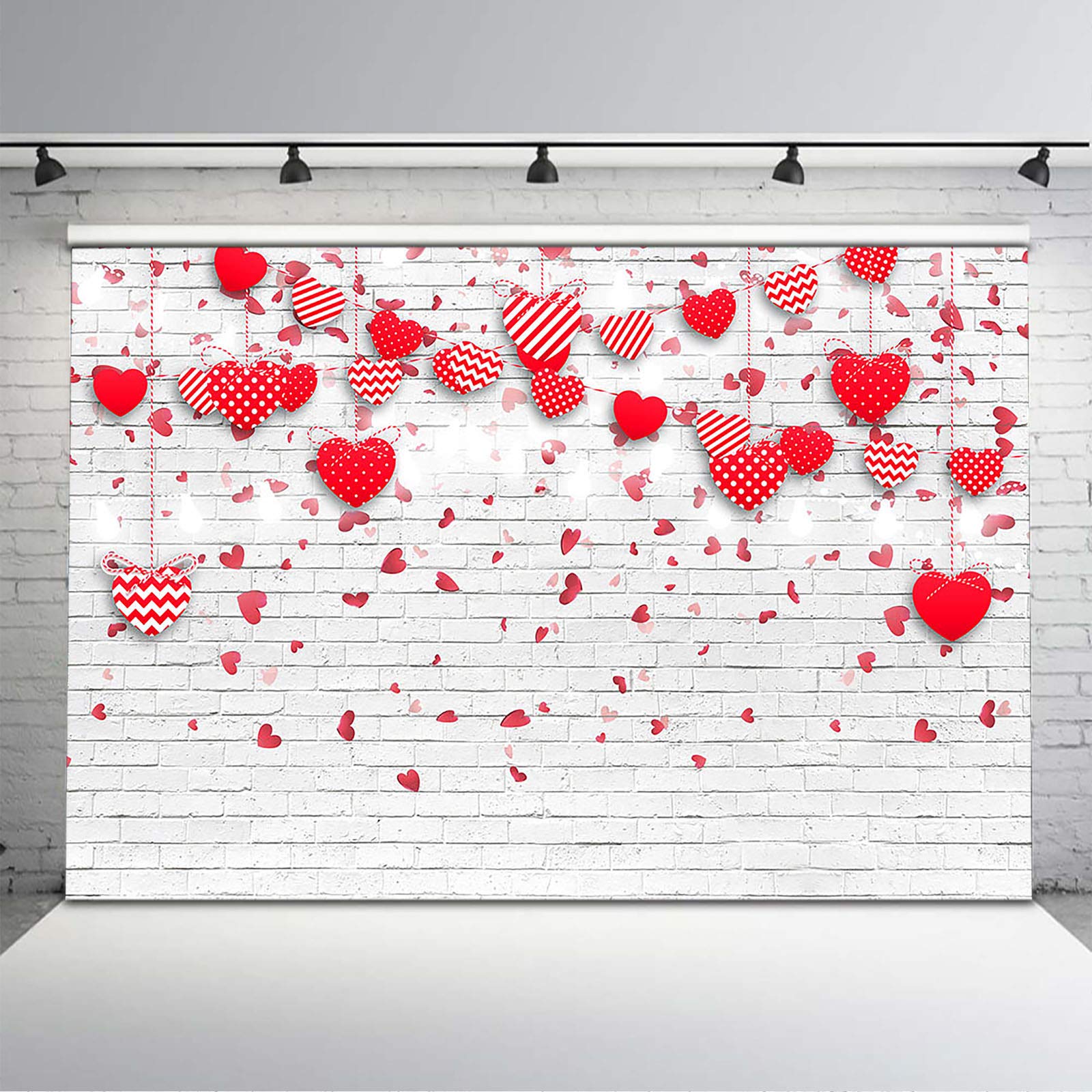 Avezano 8x6ft Valentines Day Background Pink Red Hearts White Brick Wall Backdrop Mother's Day Wedding Bridal Shower Anniversary Party Girl Birthday Party Banner