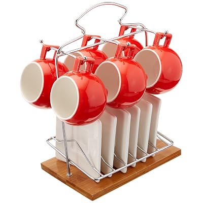 Uniware Set of 6 Porcelain Espresso Cups Set With Saucers Red & Metal Holder & Bamboo Base