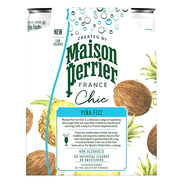 MAISON PERRIER CHIC PINA FIZZ, PINEAPPLE AND COCONUT FLAVORED SPARKLING BEVERAGE, LOW CALORIE, MOCKTAIL, 4-PACK