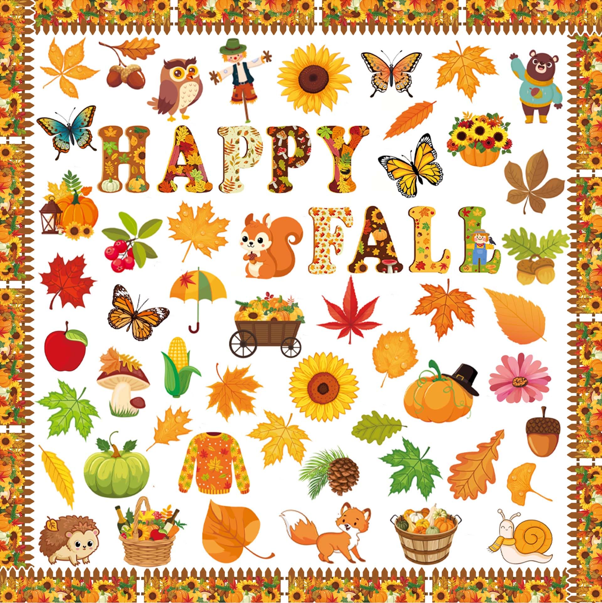 Photo 1 of 80 Pcs Happy Fall Cutouts for Bulletin Board Decor Set with Border - Fall Thanksgiving Paper Cut-Outs Autumn Themed Maple Leaves Pumpkin Wall Decals for Kids Teacher Supplies Classroom School