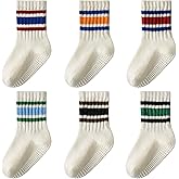HONGTEYA 6 Pack Baby Toddler Grip Socks with Non-Slip Stripe Grippy Crew Socks for Boys Girls Kids Seamless Toe 1-6 Years