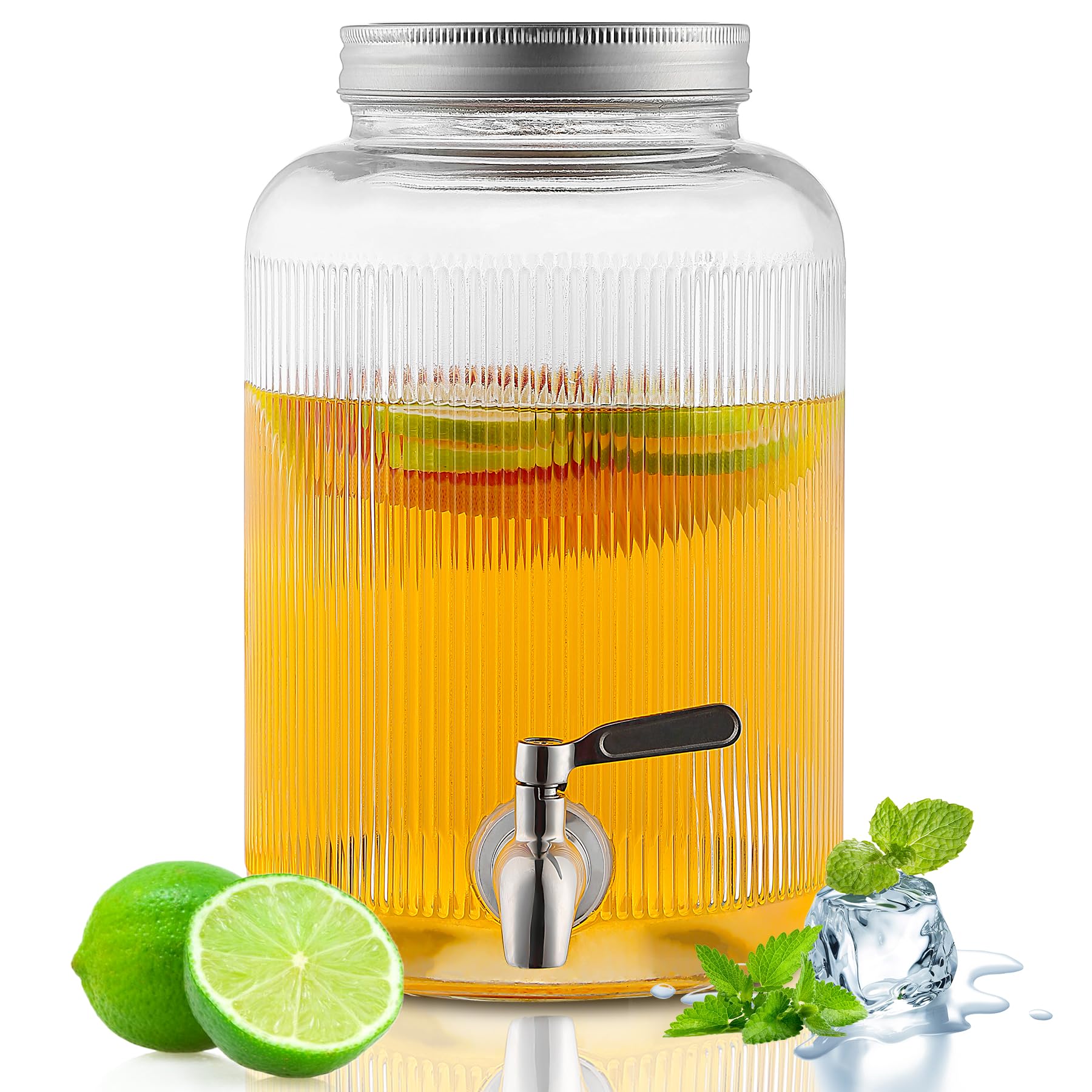 Evanda Glass Beverage Dispenser with Leakproof Stainless Steel Tap, 4L Iced Beverage Dispensers, Drink Dispenser for Fruit Teapot for Making Iced Tea, Lemonade and Juices