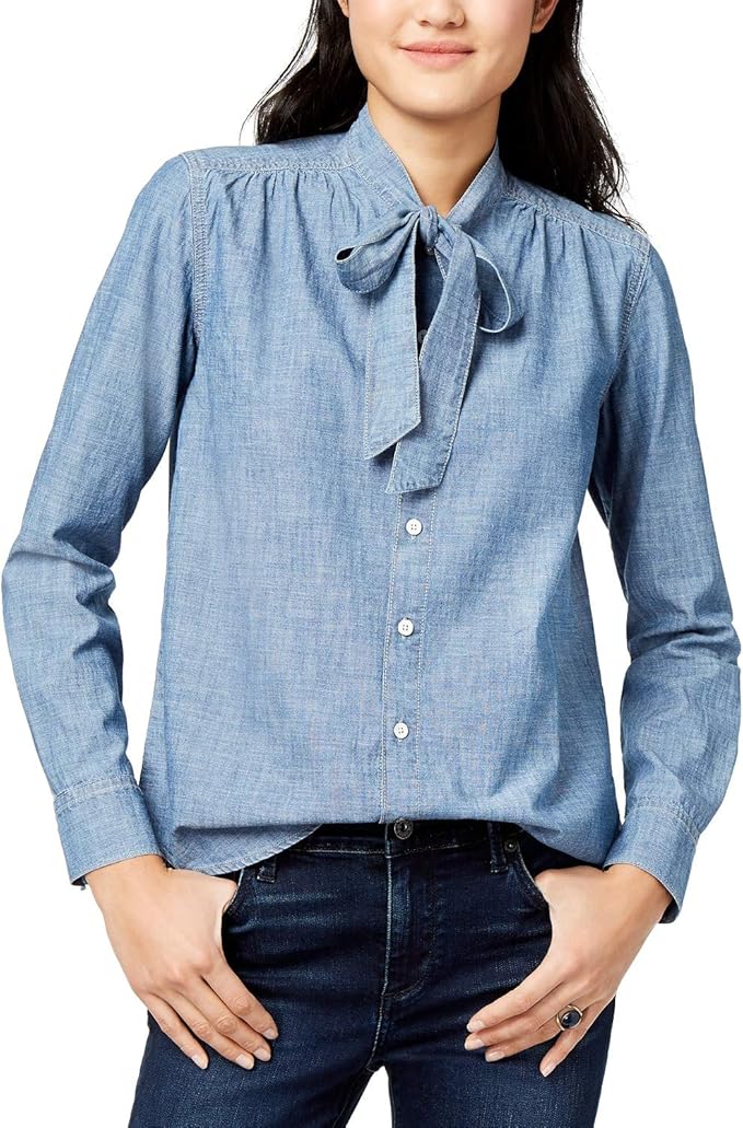 Lucky Brand Women's Cotton Denim Tie-Neck Shirt Chambray Blue Large at Amazon Womenâs Clothing store