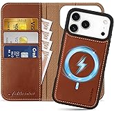 SHIELDON 2-in-1 Genuine Leather Case Wallet for iPhone 17 Pro Max 6.9" | Wireless Charging, Detachable, Magnetic, RFID Blocking Card Slot, Kickstand, Shockproof Protective Cover 2025 - Retro Brown