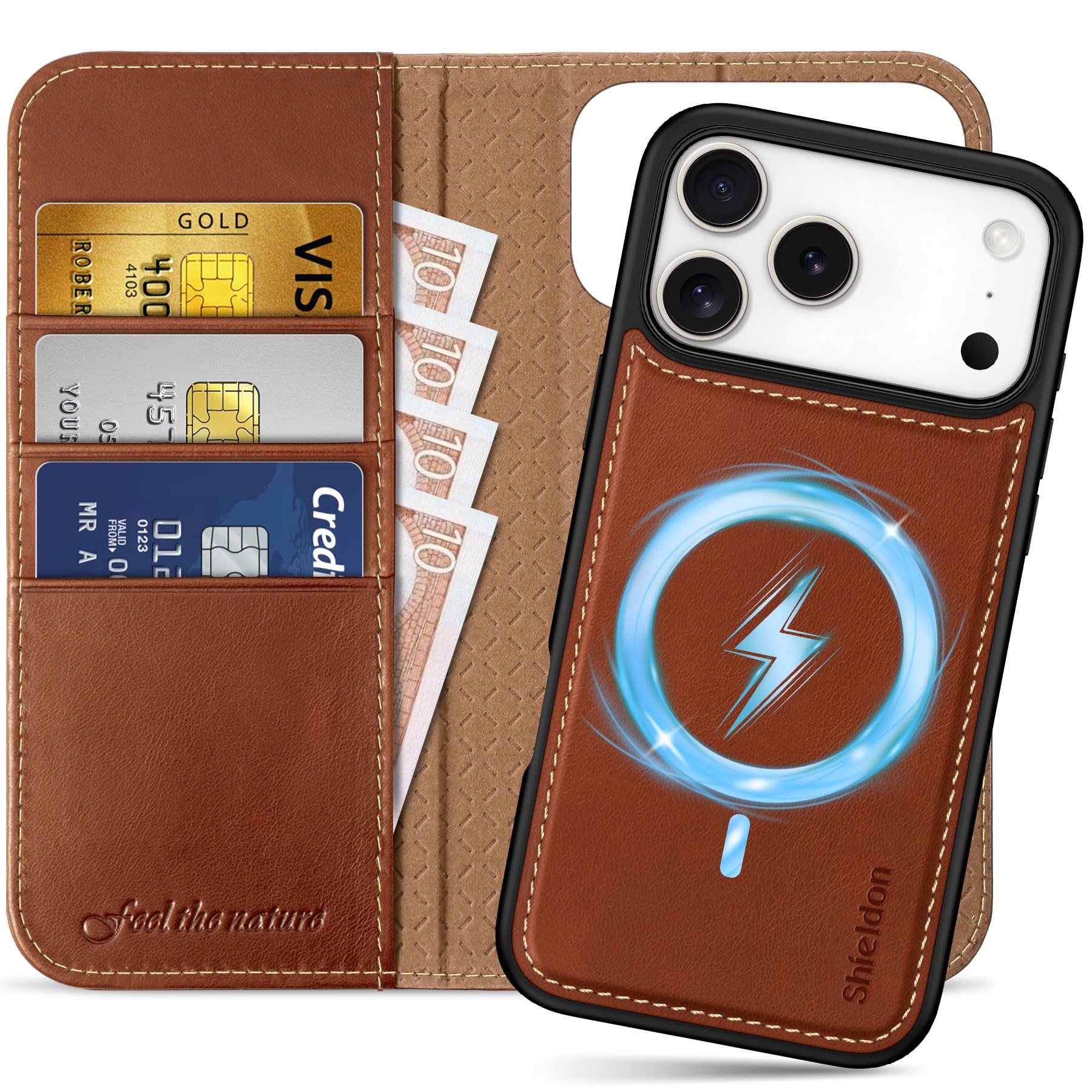 Photo 1 of SHIELDON 2-in-1 Genuine Leather Case Wallet for iPhone 17 Pro Max 6.9" | Wireless Charging, Detachable, Magnetic, RFID Blocking Card Slot, Kickstand, Shockproof Protective Cover 2025 - Retro Brown