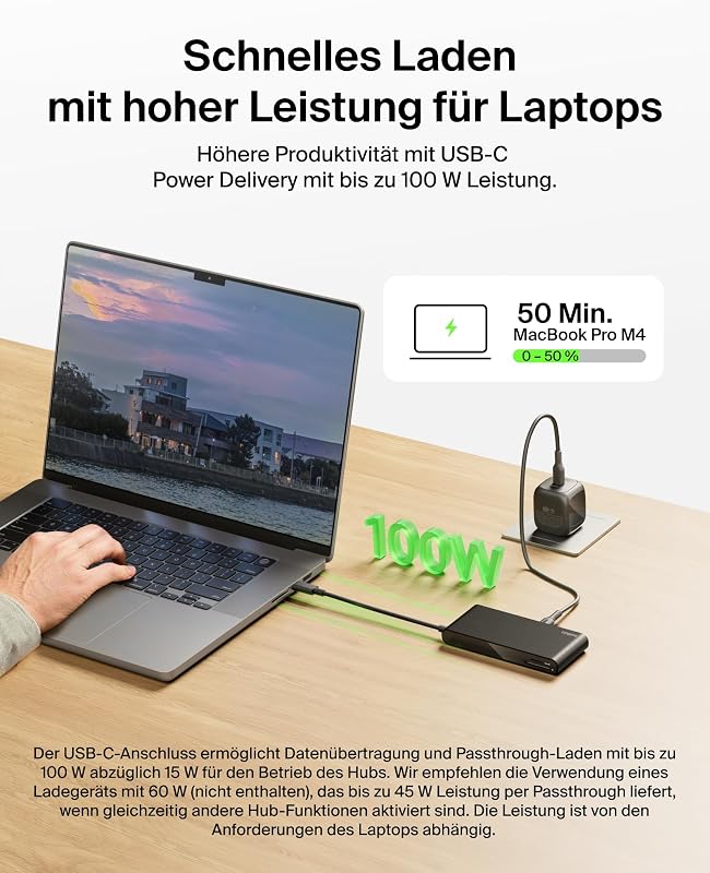 Connect 8-in-1 USB C Hub, Bildschirmauflösungen bis zu 4K bei 60 Hz, für Mac, Windows, Chromebook, 100 W PD, Datentransfer 10 Gbit/s, 2,5 Ethernet – Schwarz