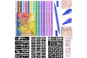PFARRER Temporary Tattoo Markers for Skin, 15 Body Markers + 56 Large Tattoo Stencils & 2 sheets Glow Stickers for Kids and Adults, Dual-End Tattoo Pens with Bold and Fine Lines safty inkZYH2310001KIT