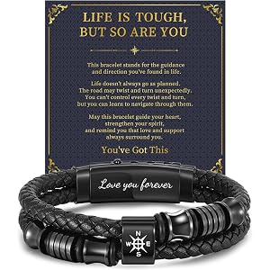 Compass Leather Bracelet Gifts for Men, Adjustable Double Row Braided Mens Bracelet with Inspirational Card, Meaningful Chris