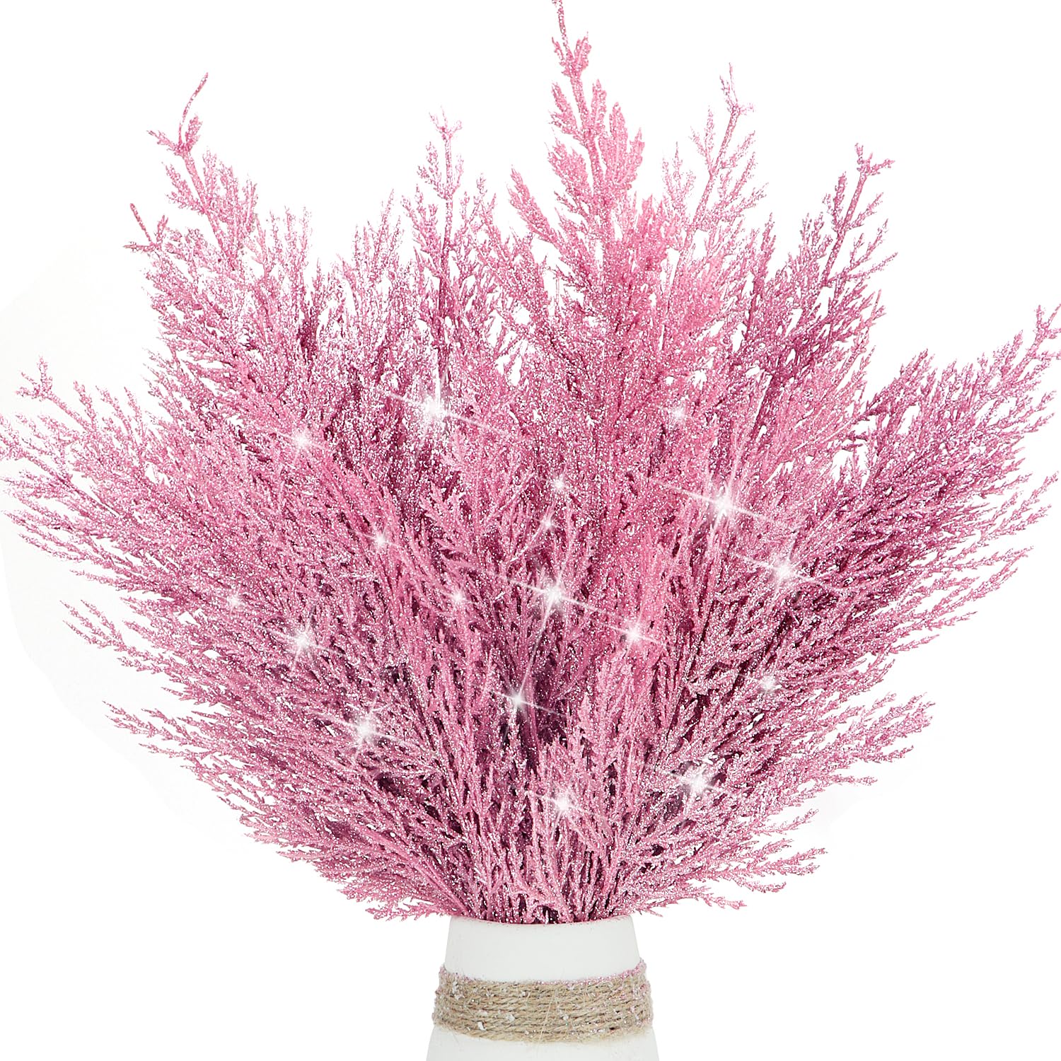 12 Pcs Christmas Glitter Leaves, 35 CM Christmas Tree Picks Artificial Twigs Branches Artificial Christmas Glitter Fern Leaf for DIY Xmas Tree Wreath Wedding Garland Decorations (Pink)
