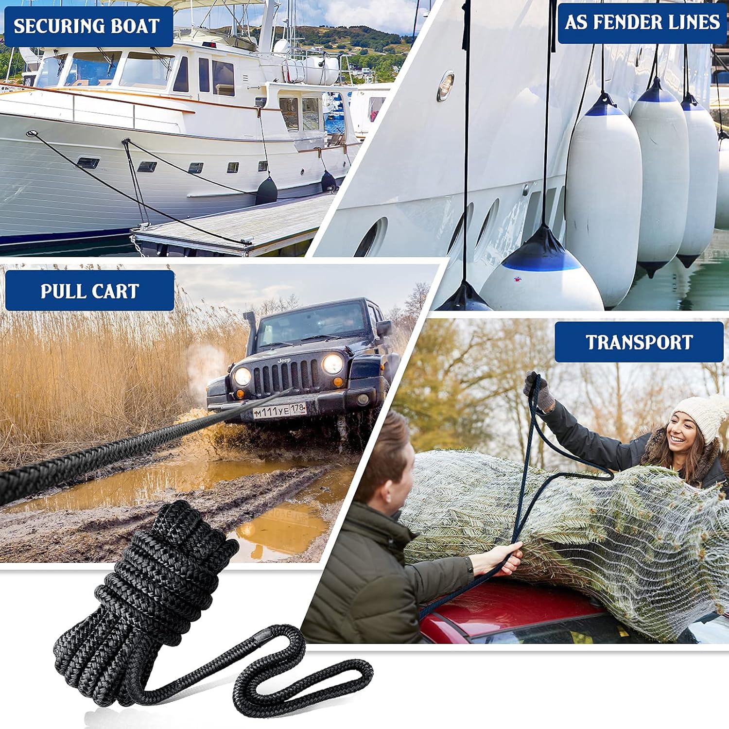 Dock Lines & Ropes Boat Accessories - 3/8" x 15' Double Braided Nylon Dock Lines with 12” Loop, Excellent 5800 lbs Breaking Strength Marine Rope for Kayak Pontoon Boats up to 30ft, Boating Gifts: Automotive