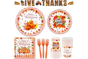 BFUN Fall Party Plates and Napkins Tableware Thanksgiving Party Dinnerware set with Autumn Pumpkin Dinner Plates, Buffalo Plaid Dessert Plates, Cups, Napkins, Forks, and garlands for Thanksgiving, Serve 24