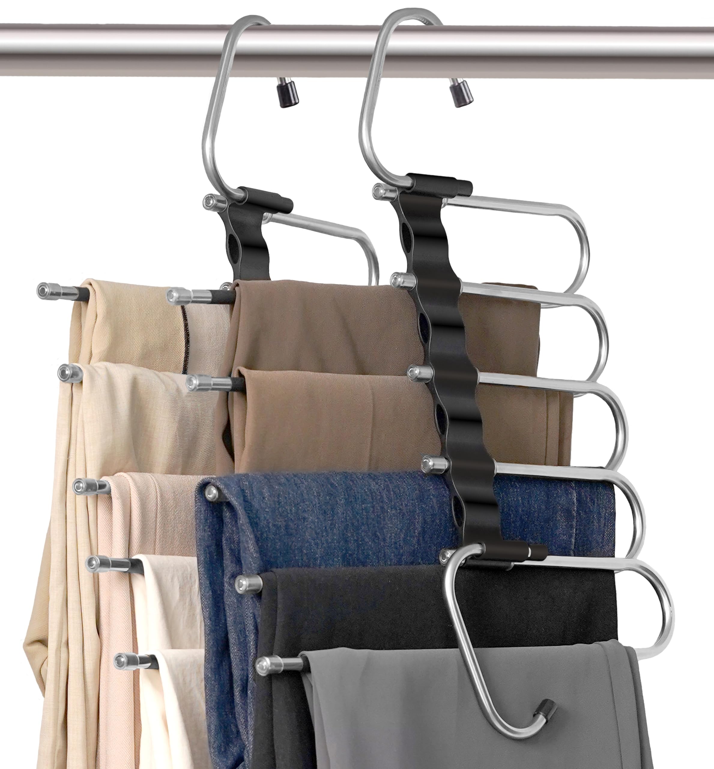 Photo 1 of 2 Pack Pants Hangers Space Saving- Multi Pants Hanger Save 80% Space - 5 in 1 Pant Rack Hanger for Clothes Organizer, Multifunctional Pants Rack with 10 Stainless Steel Anti-Slip.