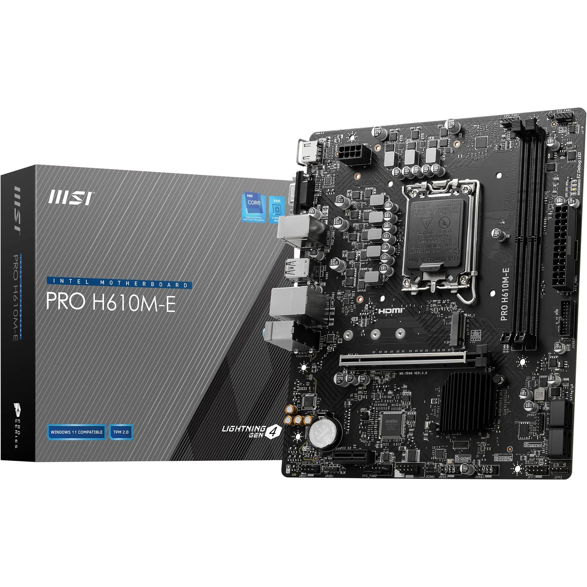 MSI PRO H610M-E Motherboard, Micro-ATX - Unterstützt Intel Core Prozessoren der 12. und 13. Generation, LGA 1700 - DDR5 Memory Boost 5600MHz/MAX, PCIe 4.0 x16 Slot, M.2 Gen3 Slot