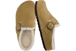 CUSHIONAIRE Haven Genuine Leather Clogs for Women – Faux Fur Lined Slip-On Womens Shoes with Cork Footbed and Adjustable Buckle