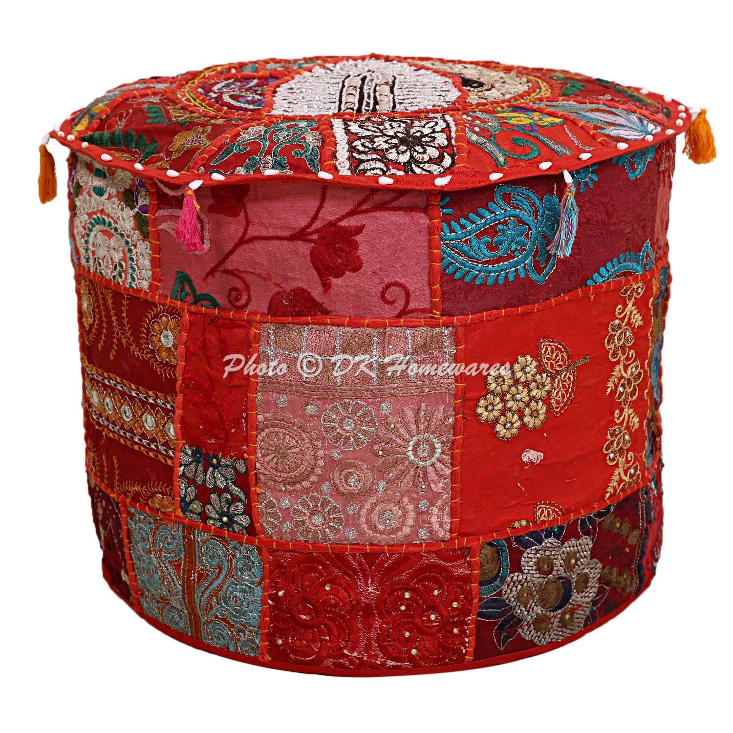 DK Homewares Ethnic Indian Desginer Ottoman Red Pouf Footrest Cover Home Decorative Bean Bag Floral Seat Furniture Foot Stool Hassock Pouffe Cover (18X18X13 Inches / 45 Cm)