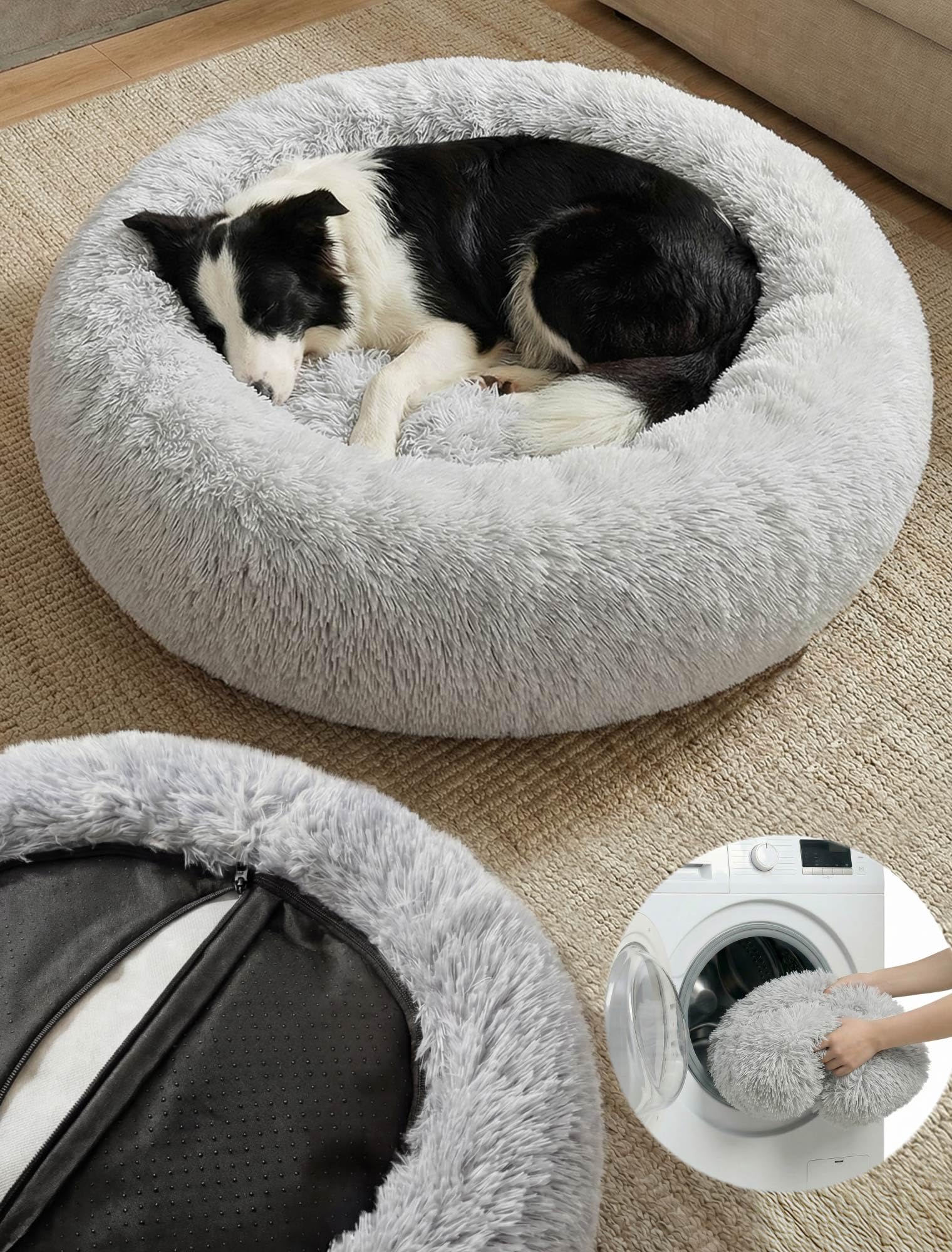 Moistu Large Dog Bed with Removable Cover - 70cm Nest Washable Donut Cat Dog Bed with Zip, Durable for 50+ Wash Cycles, Anti Anxiety Calming Fluffy Orthopedic Pet Beds, Non-slip Waterproof