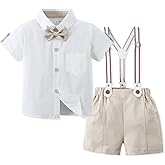 SOLOYEE Toddler Baby Boy Outfits 1-6T Boys Dress Clothes Suit Cotton Linen Short Sleeve Shirts+Bowtie+Suspender Shorts Set