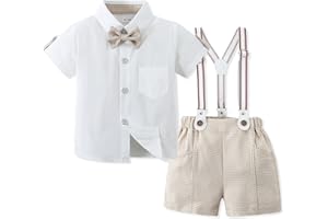 SOLOYEE Toddler Baby Boy Outfit Boys Summer Clothes Dress Short Sleeve Shirt + Bowtie + Suspender Pants Suits Sets 1-5T
