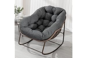 Villeston Outdoor Papasan Rocking Chair - Oversized Comfy Patio Chair Indoor Egg Royal Rattan Rocking Chair with Cushion for Front Porch Lounge Lawn Bedroom Living Room (Grey)
