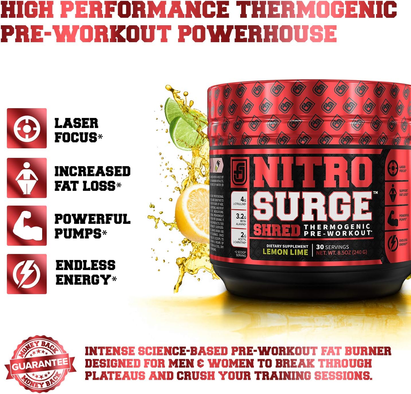 NITROSURGE Shred Pre Workout Supplement - Energy Booster, Instant Strength Gains, Sharp Focus, Powerful Pumps - Nitric Oxide Booster & PreWorkout Powder - 30Sv, Lemon Lime: Health & Personal Care
