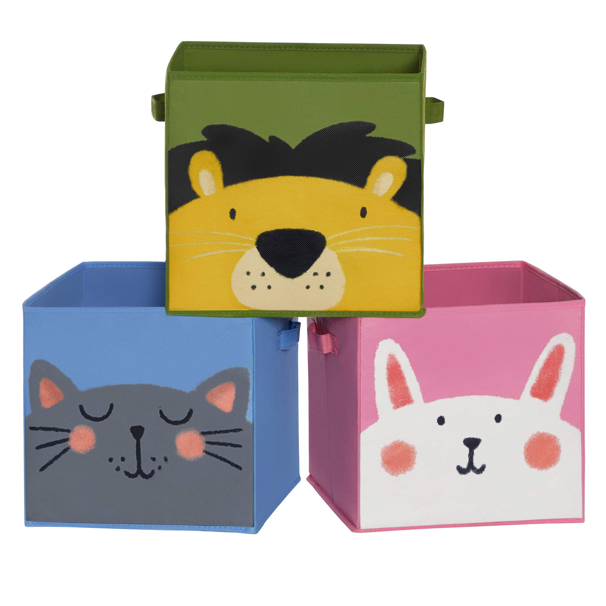 SONGMICS Storage Boxes, Set of 3, Toy Organiser Boxes, Foldable Storage Cubes with Handles, for Kid’s Room, Playroom, Bedroom, 30 x 30 x 30 cm, Animal Theme, Blue, Green and Pink RFB075P01