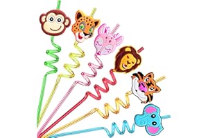 LIDMADA 24 Reusable Jungle Animal Straws for Lion Fox Safari Party Supplies Favors,Woodland Birthday Party Supplies Gift with 2 Cleaning Brushes
