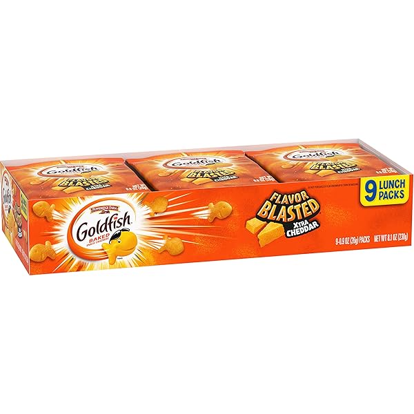 GOLDFISH FLAVOR BLASTED XTRA CHEDDAR CHEESE CRACKERS, BAKED SNACK CRACKERS, 0.9 OZ ON-THE-GO SNACK PACKS, 9 COUNT TRAY