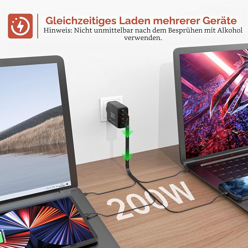 USB C Ladegerät 200W, GaN III Tech Schnellladegerät, 4 Häfen USB C Schnellladegerät für MacBook Air, Ladegerät USB C kompatibel mit Samsung Galaxy Book