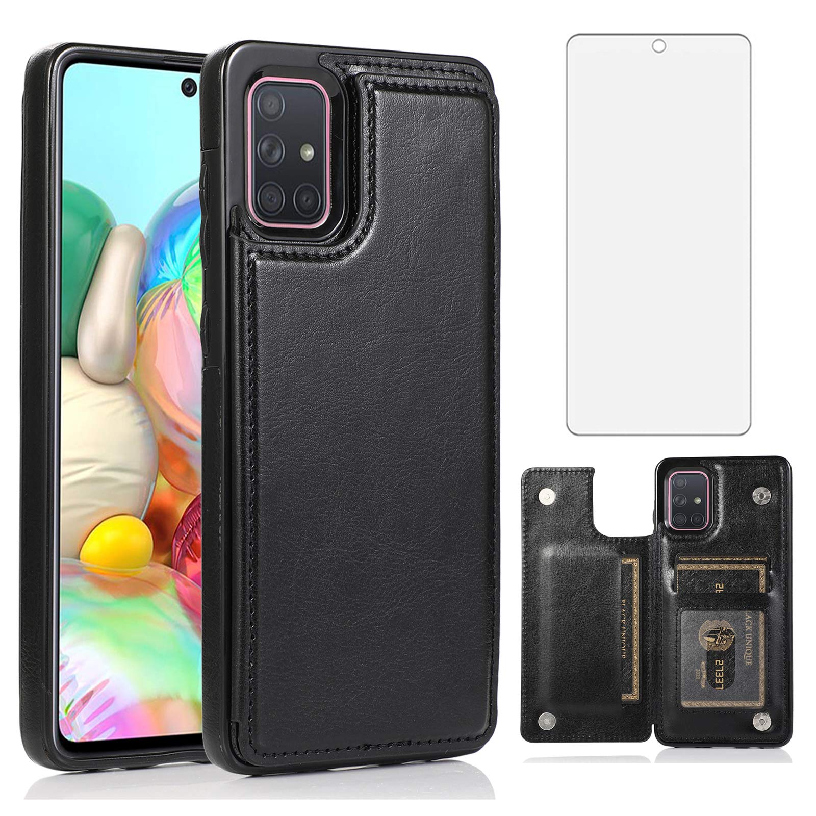 Asuwish Compatible with Samsung Galaxy A71 5G Wallet Case Tempered Glass Screen Protector Card Holder Cover Stand Flip Cell Accessories Phone Cases for Glaxay A 71 G5 Gaxaly 71A S71 Women Men Black