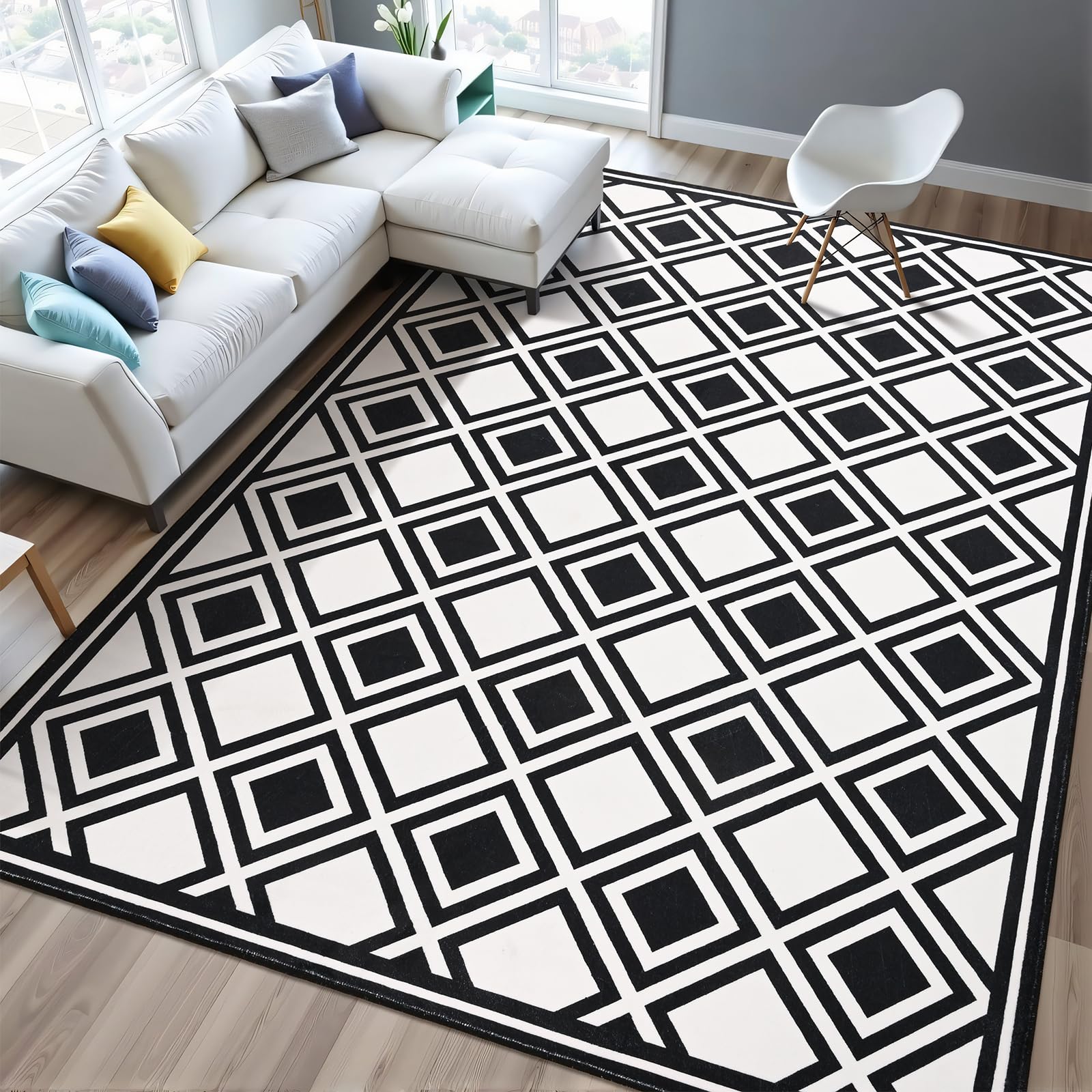 Photo 1 of Goideal Area Rug 5x7, Washable Checkered Rug Non Slip, Modern Geometric Indoor Low Pile Carpet for Bedroom Living Room Kitchen Laundry Playroom, Black and White