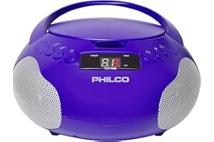 Philco Portable CD Player Boombox with Speakers and AM FM Radio | Purple Boom Box CD Player Compatible with CD-R/CD-RW and Audio CD | 3.5mm Aux Input | Stereo Sound | LED Display | AC/Battery Powered