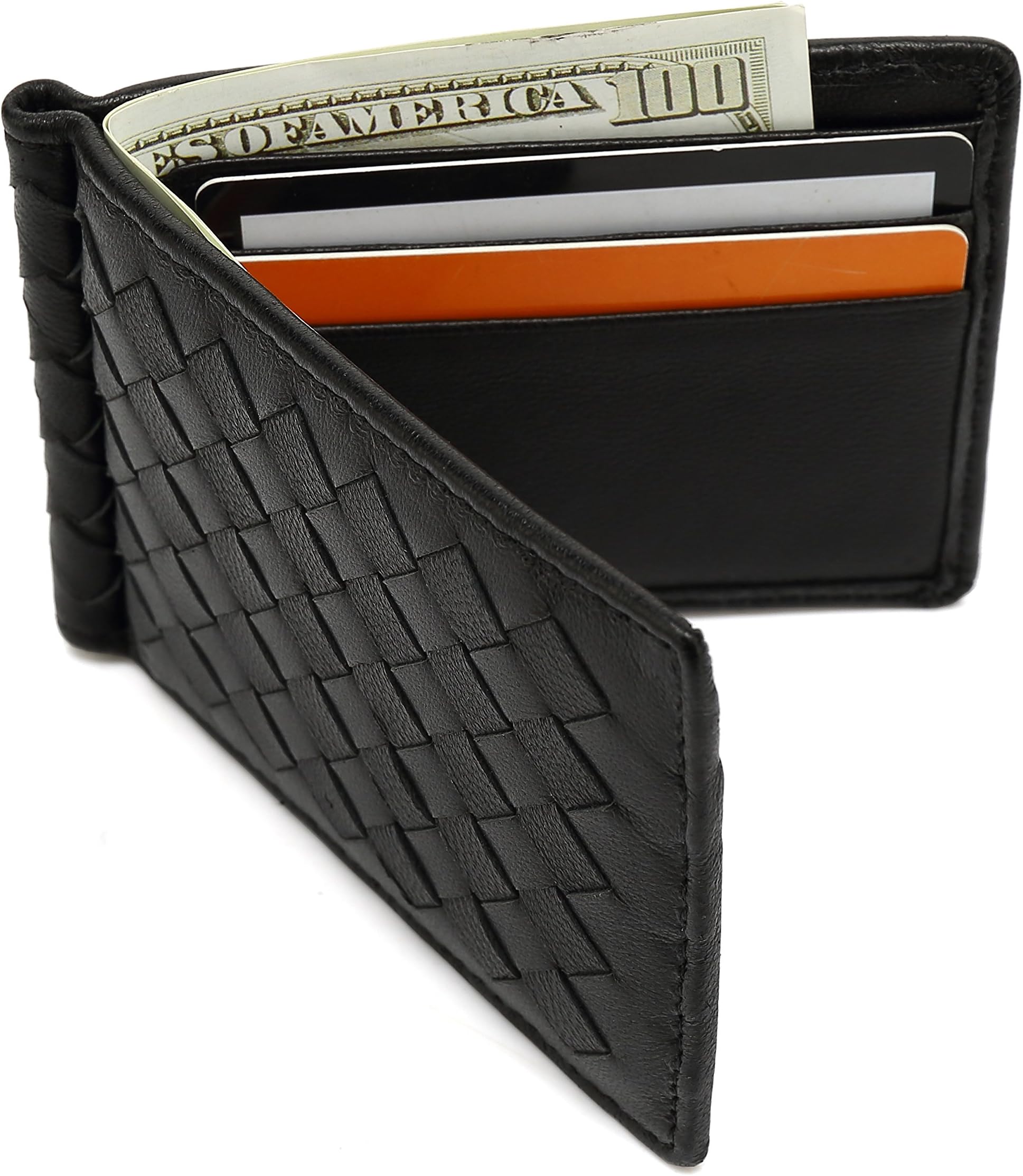 Mens Wallet Slim Genuine Leather Bifold Front Pocket Wallet Lambskin Money Clip Woven Card Holder
