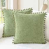 CaliTime Throw Pillow Covers Decorative 16 X 16 Inches Pack of 2 Cozy Solid Dyed Soft Chenille Cushion Cases with Pom Poms for Couch Sofa Bed Living Room Home Sage