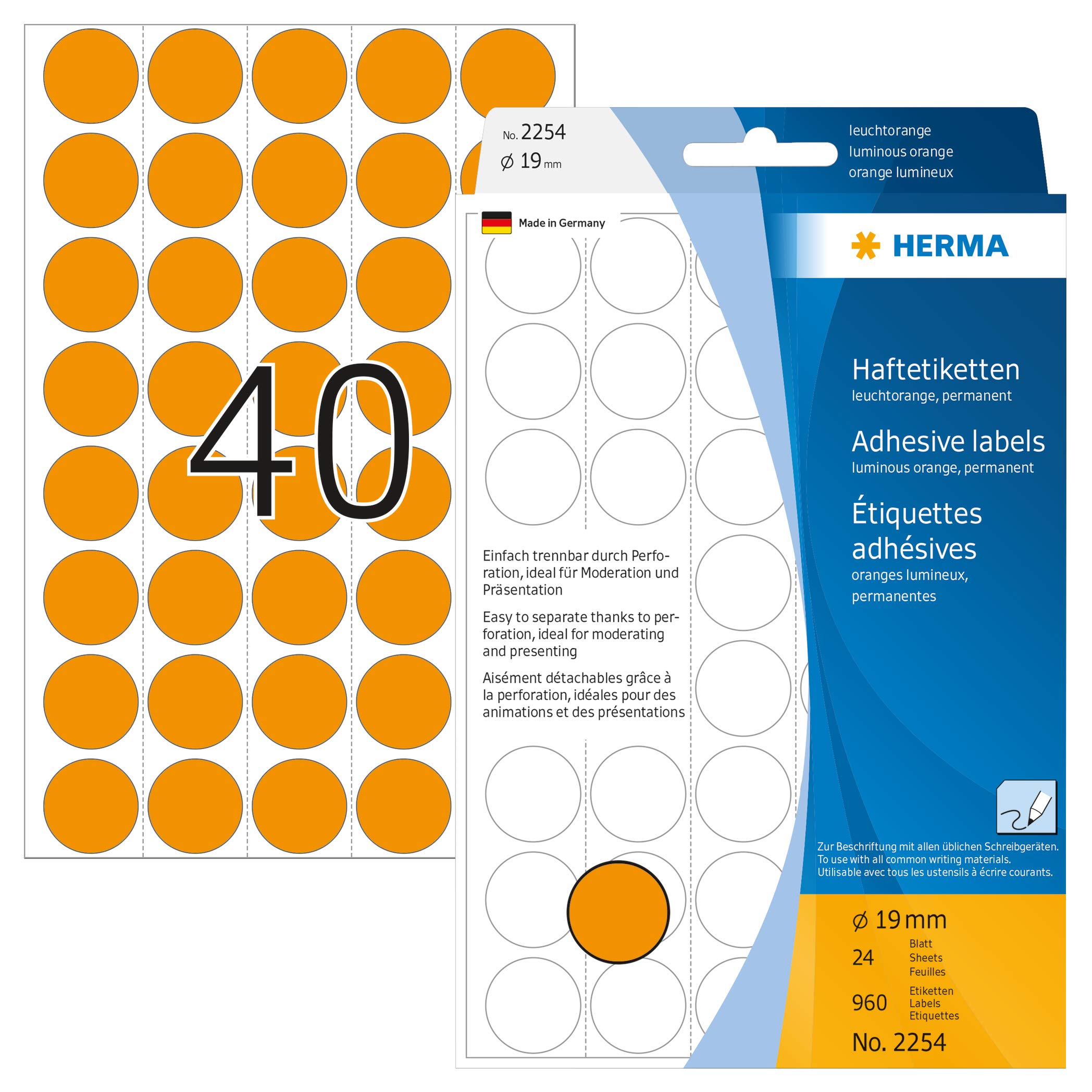 HERMA Dot Stickers Luminous Orange, 960 Labels, Ø 19 mm, 40 Labels per Sheet, Self Adhesive Perforated Round Colour Labels Stickers, Blank Marking Dots, Sticky Stickers for Color Coding Calendar