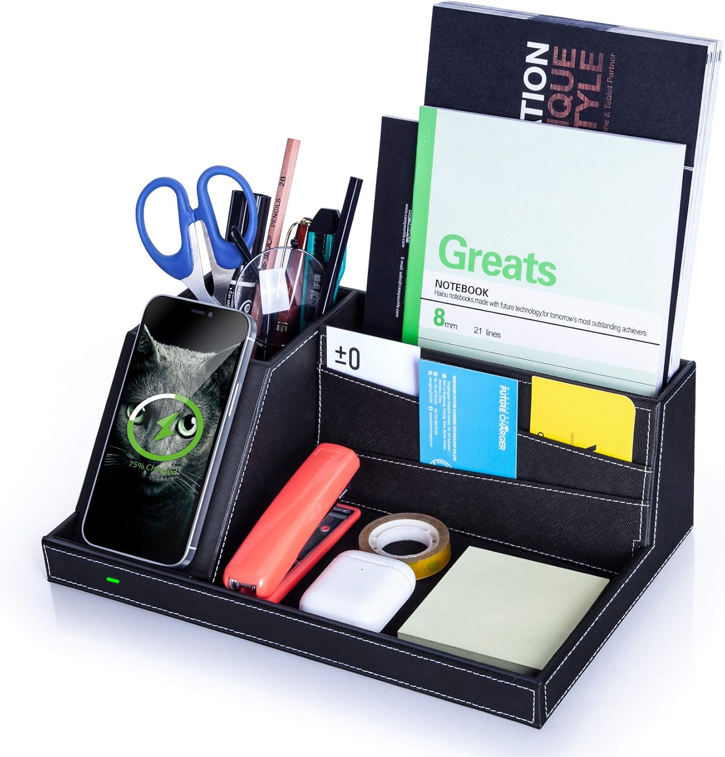 Desk Organizer with Charging Station, Multifunctional Desktop Organizer All in One Office Supplies and Desk Accessories Organizer with 4 Compartments and 1 Phone Stand for Home & Office -Black: Home Improvement