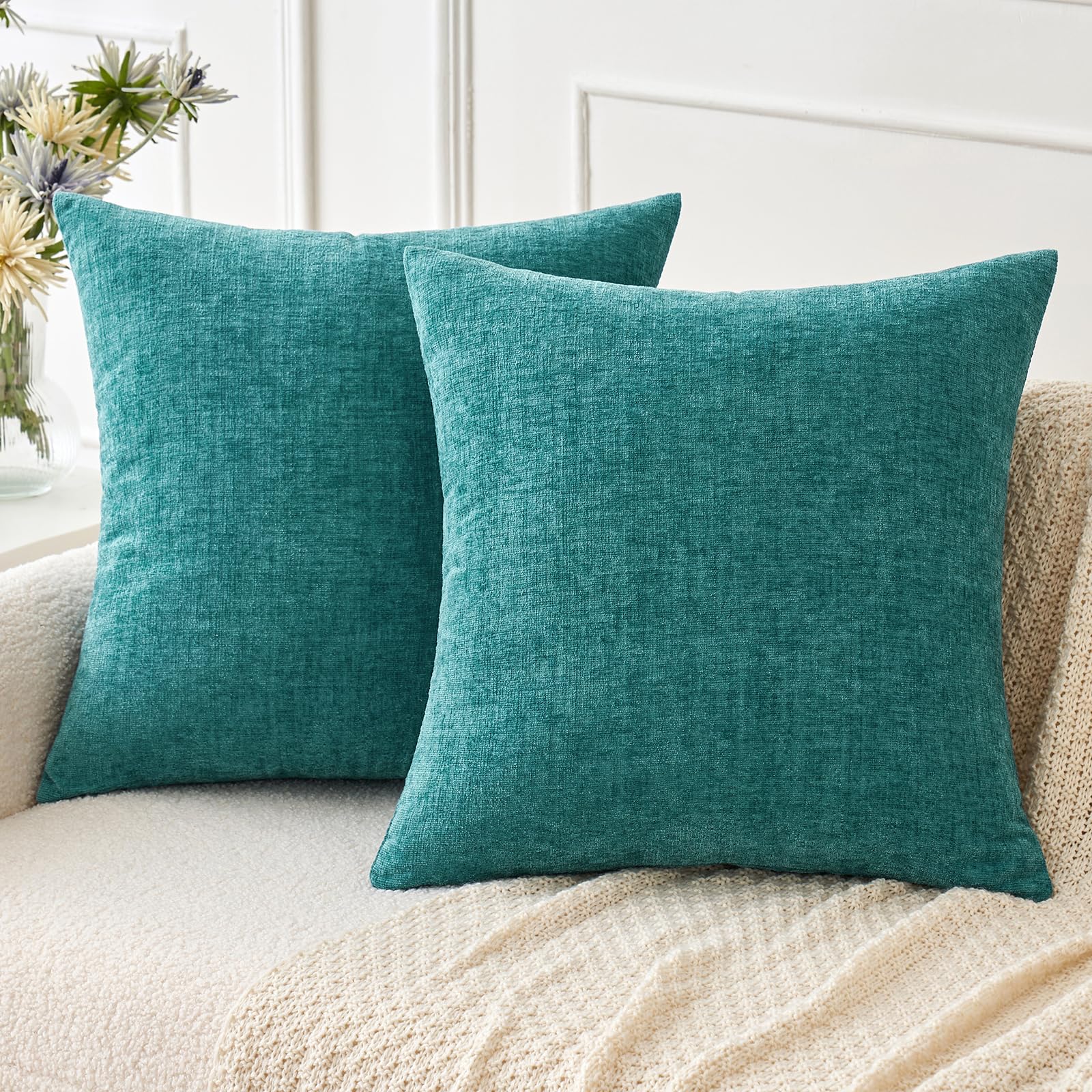 MIULEE Set of 2 Decorative Cushion Covers Soft Chenille Cushion Covers for Living Room Sofa Plain Cushion Covers 40x40 CM Blue Green