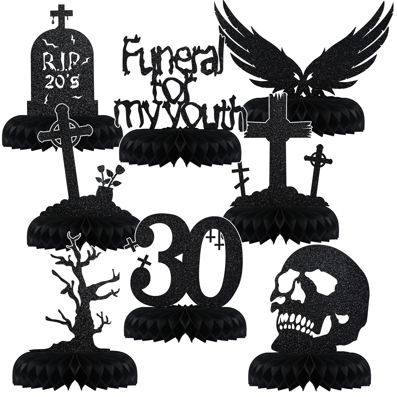 Photo 1 of Fumete 8 Pack Death to My 20s Decorations Rip 20s Birthday Decorations Gothic 30th Birthday Honeycomb Centerpieces Goth Table Decor Glitter Funeral for My Youth(Black)