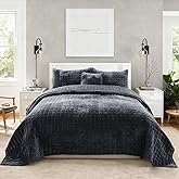 COCOPLOCEUS Quilt Set Oversized King Size 120x128 Luxurious Velvet Bedding Sets with 2 Pillow Shams 20x36 3 Pieces Ultra Soft Quilted Bedspread Coverlet Comforter for All Season,Grey Blue