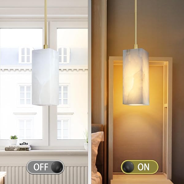 RAINLIGHTING 1 LIGHT MODERN INDUSTRIAL FARMHOUSE HANGING KITCHEN ISLAND PENDANT CEILING LIGHT FIXTURE,SQUARE NATURAL ALABASTER MARBLE GOLD FINISH OVER SINK RESTAURANT BAR CORRIDOR