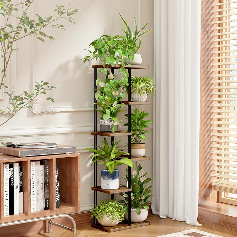 Soporte alto para plantas de interior de 6 niveles, estante de metal marrón, soporte grande para plantas múltiples macetas para patio, jardín, esquina, balcón, sala de estar