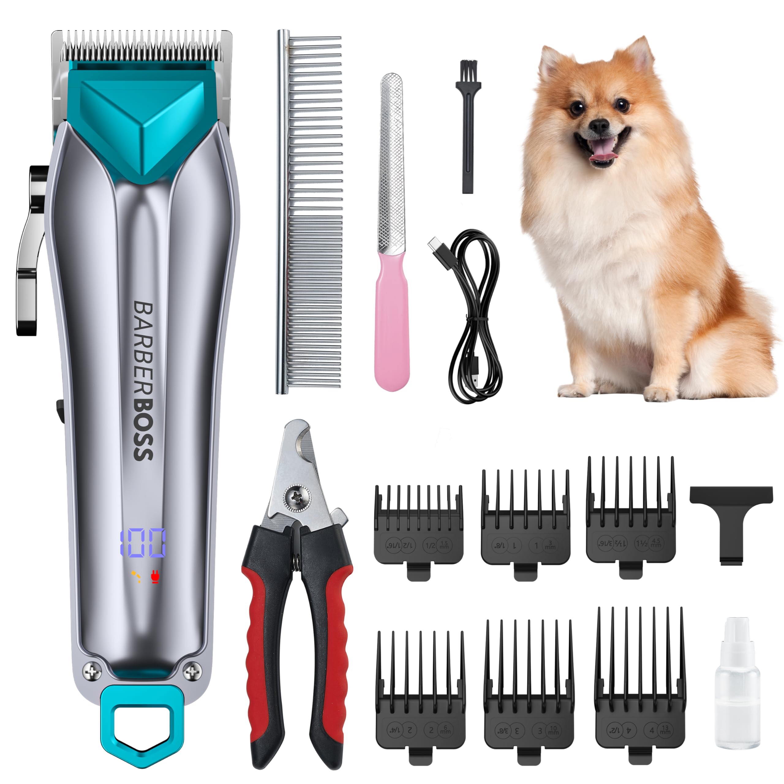 BarberBoss Dog Clippers Cordless, Dog Clippers Professional for Thick Hair, Dog Grooming Kit, Cat Clippers for Matted Fur, Pet Grooming Kit, Pet Clippers, Dog Trimmer for Grooming, Low Noise QR-9088