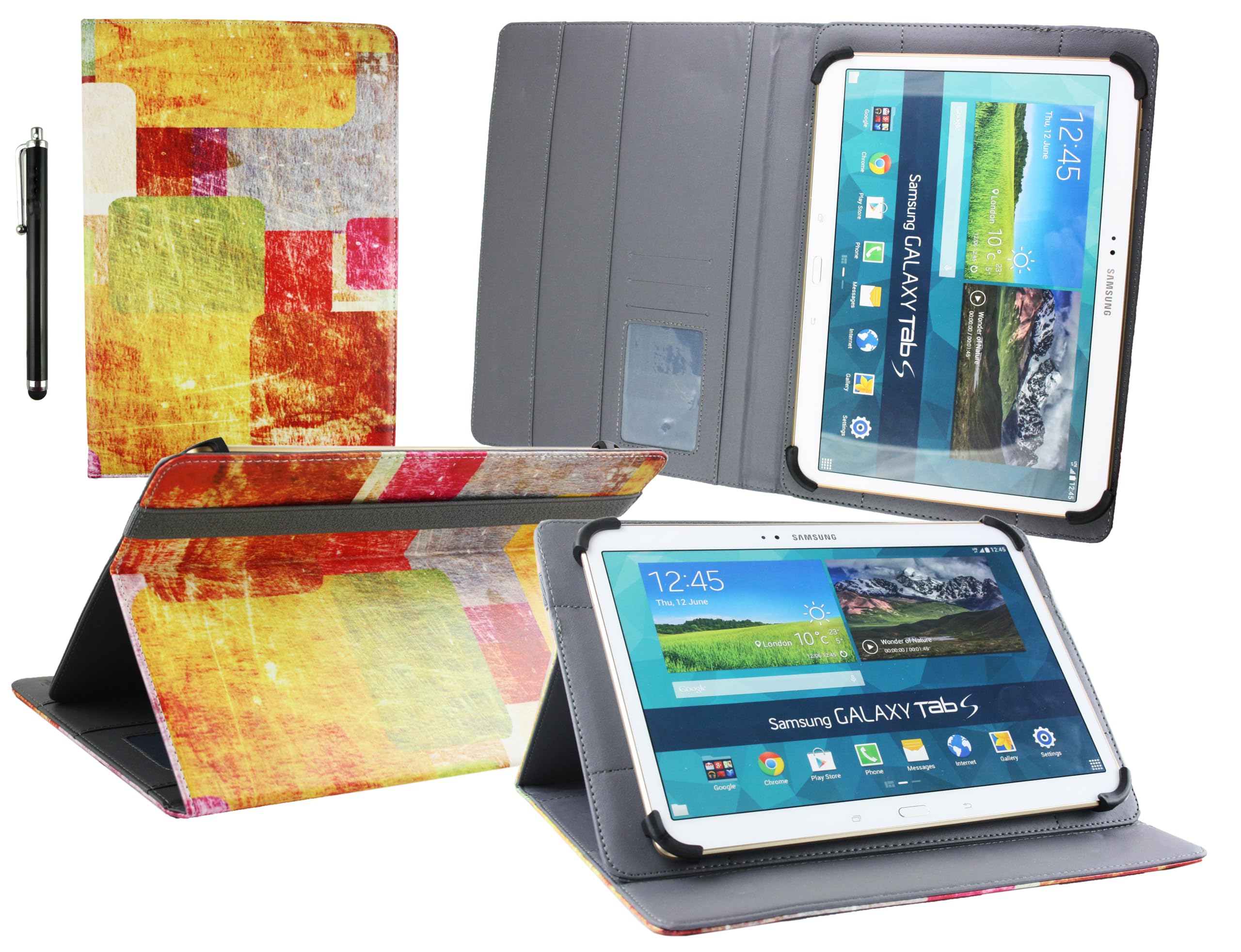 Emartbuy Universal 7-8.8 Inch MultiColoured Tiles Multi Angle Folio Wallet Case Cover With Card Slots and Stylus Pen Compatible With Selected Devices Listed Below