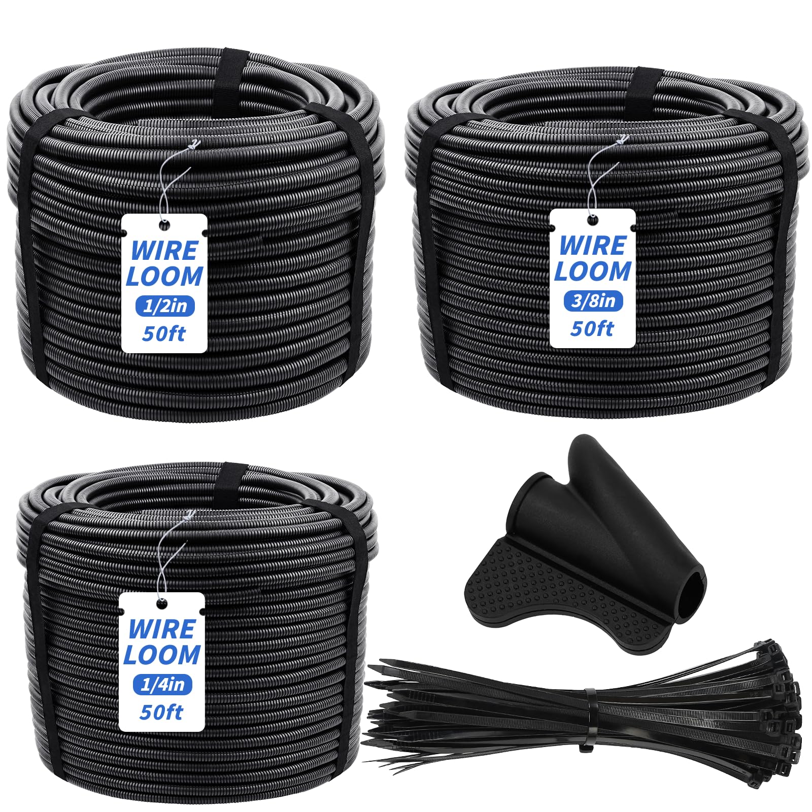 Oleitodh 1/4" 1/2" 3/8" Split Wire Loom Tubing 150ft, with 50 Ties & Tool